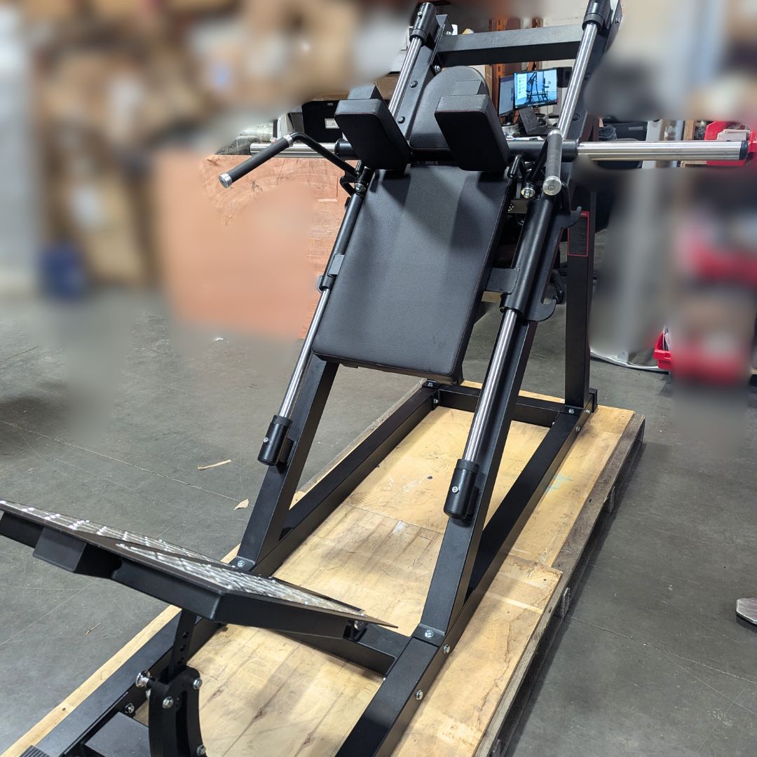 Excel Open Linear Bearing Hack Squat - Muscle D Fitness - Plate Load Squat Machine - Plate Storage Pegs - Adjustable Foot Plate